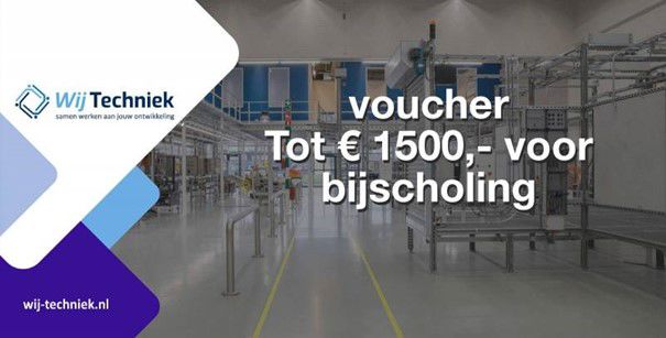 Voucher voor jouw persoonlijke ontwikkeling met Wij Techniek logo en de tekst 'Tot 1500 euro voor bijscholing'.